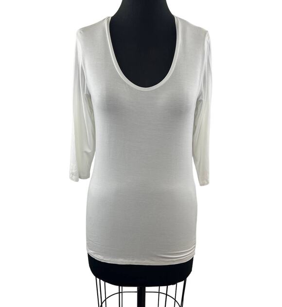 Majestic Paris Tops - Majestic Paris White 4 Deluxe Teeshirt Soft Touch Wash Top Scoop Neck 3/4 Sleeve